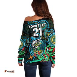 Custom Sharks Rugby Aboriginal Art Off Shoulder Sweater NAIDOC Indigenous Tribal