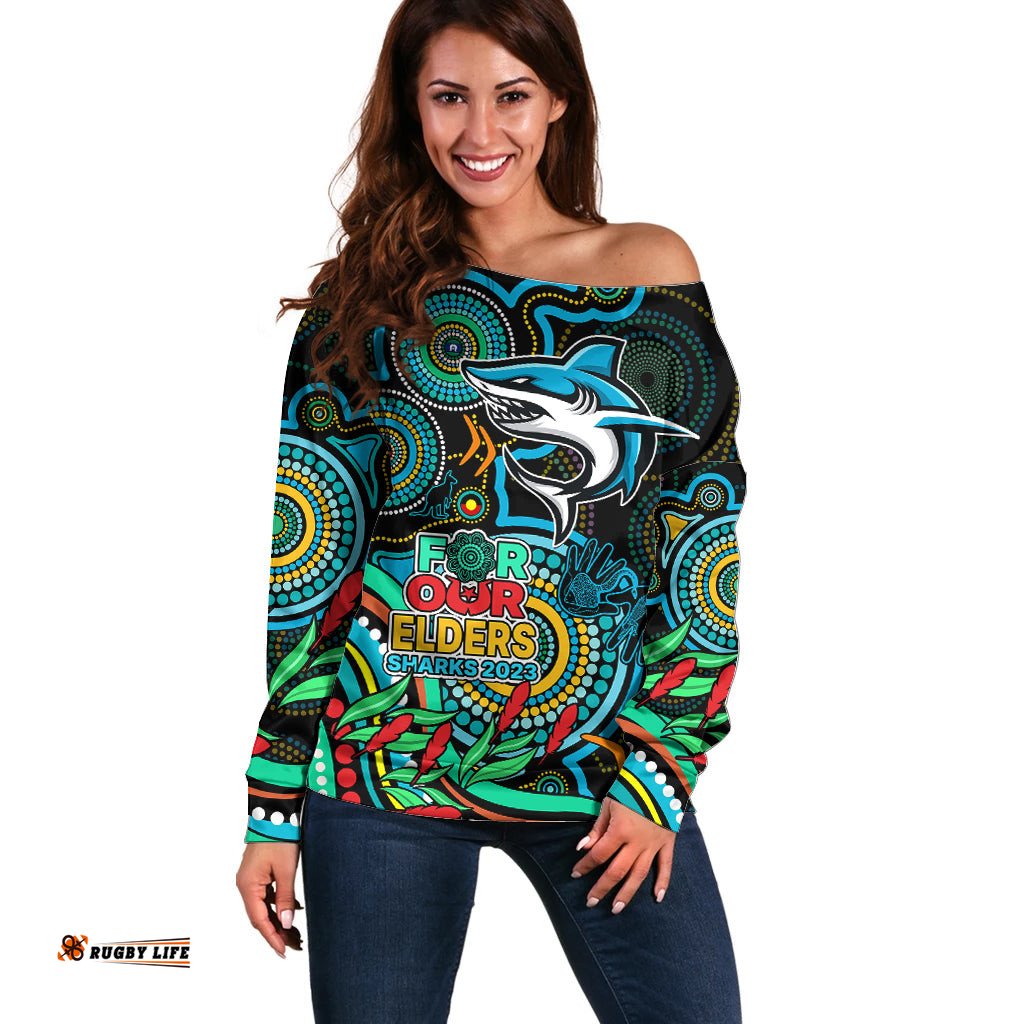 Custom Sharks Rugby Aboriginal Art Off Shoulder Sweater NAIDOC Indigenous Tribal