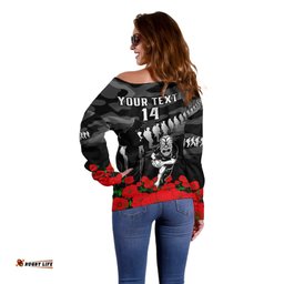 Custom Text And Number New Zealand ANZAC Rugby Off Shoulder Sweater Silver Fern All Black Camouflage Mix Poppy