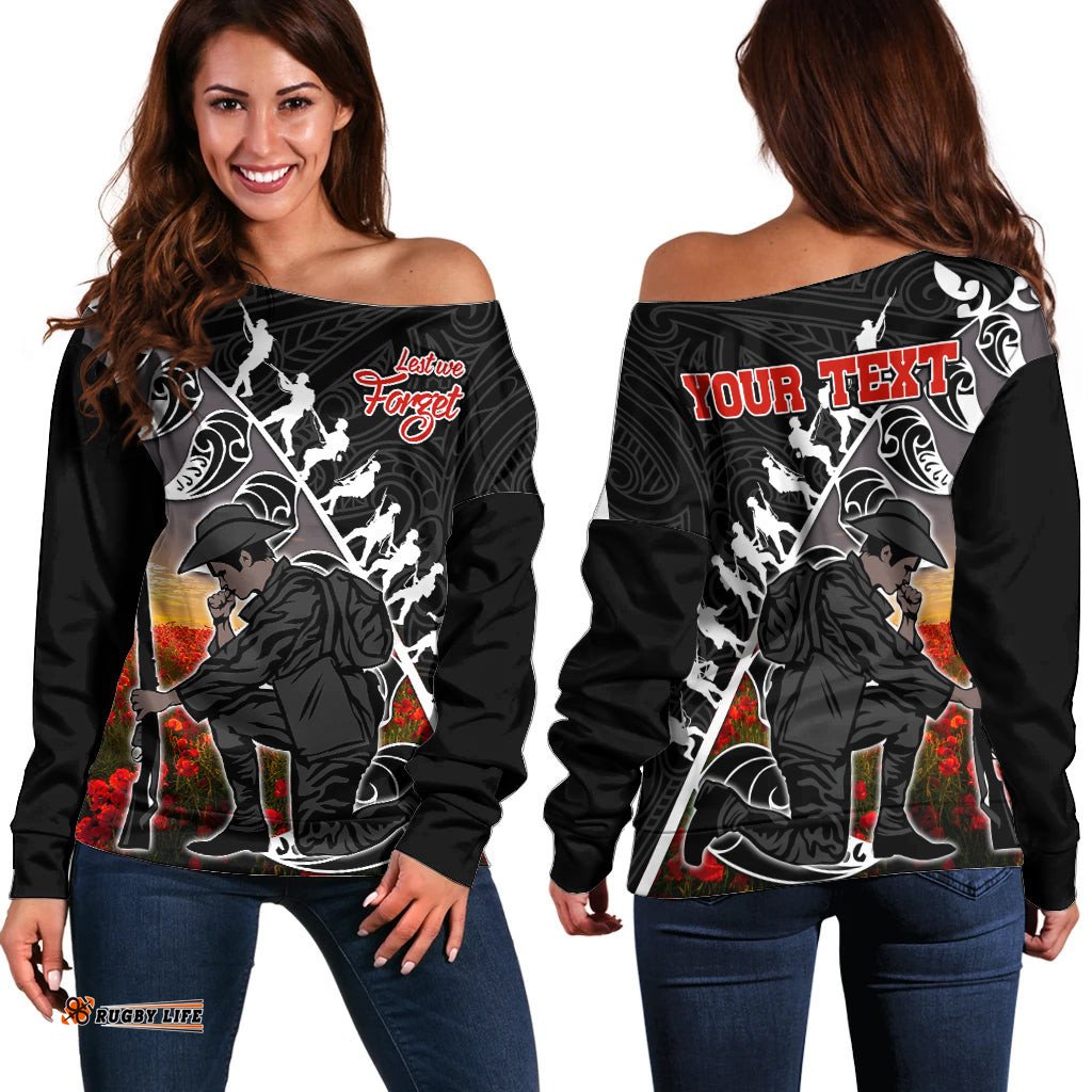 Custom Personalised Aotearoa ANZAC Day Off Shoulder Sweater Maori Fern With Poppy Vibe