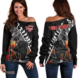 Custom Personalised Aotearoa ANZAC Day Off Shoulder Sweater Maori Fern With Poppy Vibe