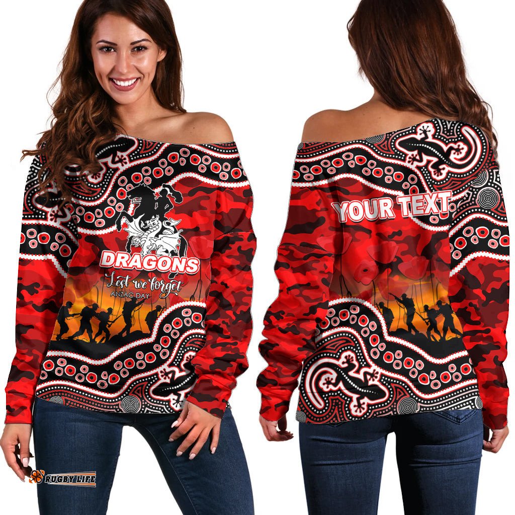 Custom Personalised Anzac Day NRL Dragons Off Shoulder Sweater Aboriginal Lizard Patterns
