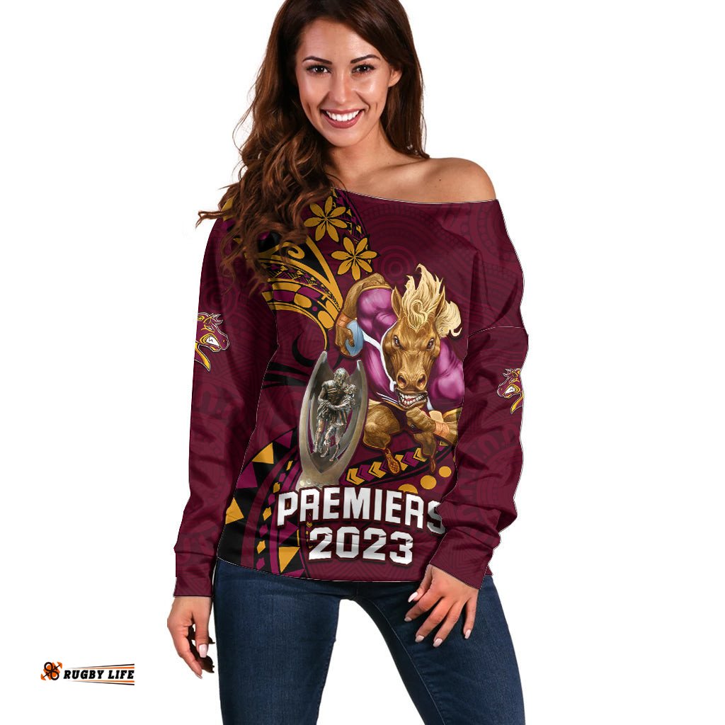 Custom NRL Broncos Premiers Off Shoulder Sweater Mascot with Polynesian Pattern Version 2023