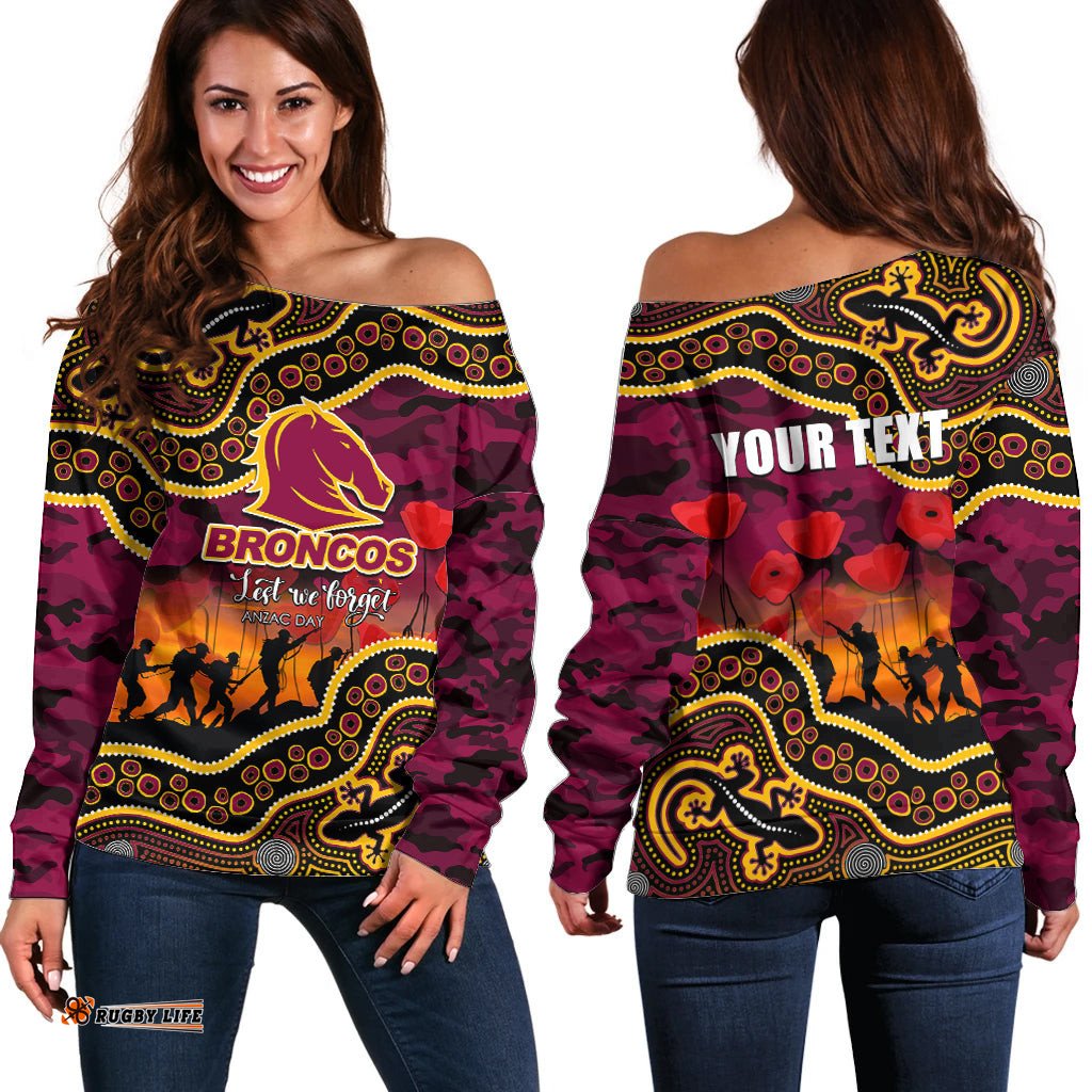 Custom Personalised Anzac Day NRL Broncos Off Shoulder Sweater Aboriginal Lizard Patterns