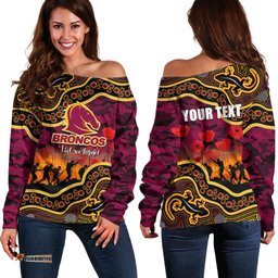 Custom Personalised Anzac Day NRL Broncos Off Shoulder Sweater Aboriginal Lizard Patterns