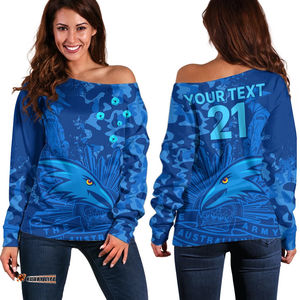 Custom Text And Number AFL ANZAC Adelaide Crows Off Shoulder Sweater Camouflage