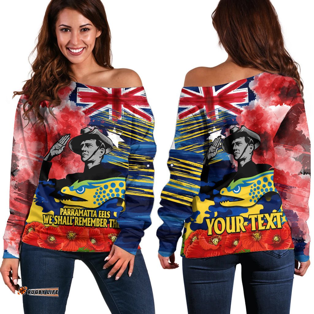 Custom Personalised ANZAC Eels Rugby Off Shoulder Sweater We Shall Remember 01