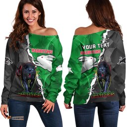 Custom Personalised Rabbitohs Mix Panthers Rugby Off Shoulder Sweater Sporty Style