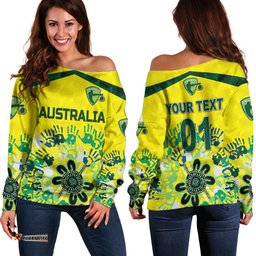Custom Personalised Australia Cricket Off Shoulder Sweater Aboriginal Style Unique Yellow 07