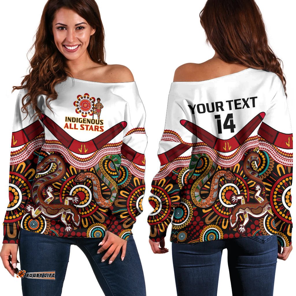 Custom Text And Number Australia Indigenous Rugby Off Shoulder Sweater All Stars Aussie Snake And Lizard