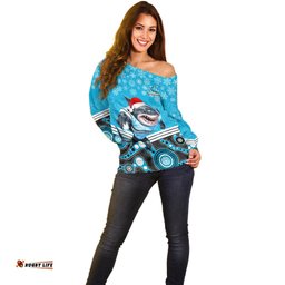 Custom Sharks Rugby Christmas Off Shoulder Sweater Merry Xmas Mix Aboriginal Art