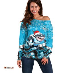 Custom Sharks Rugby Christmas Off Shoulder Sweater Merry Xmas Mix Aboriginal Art