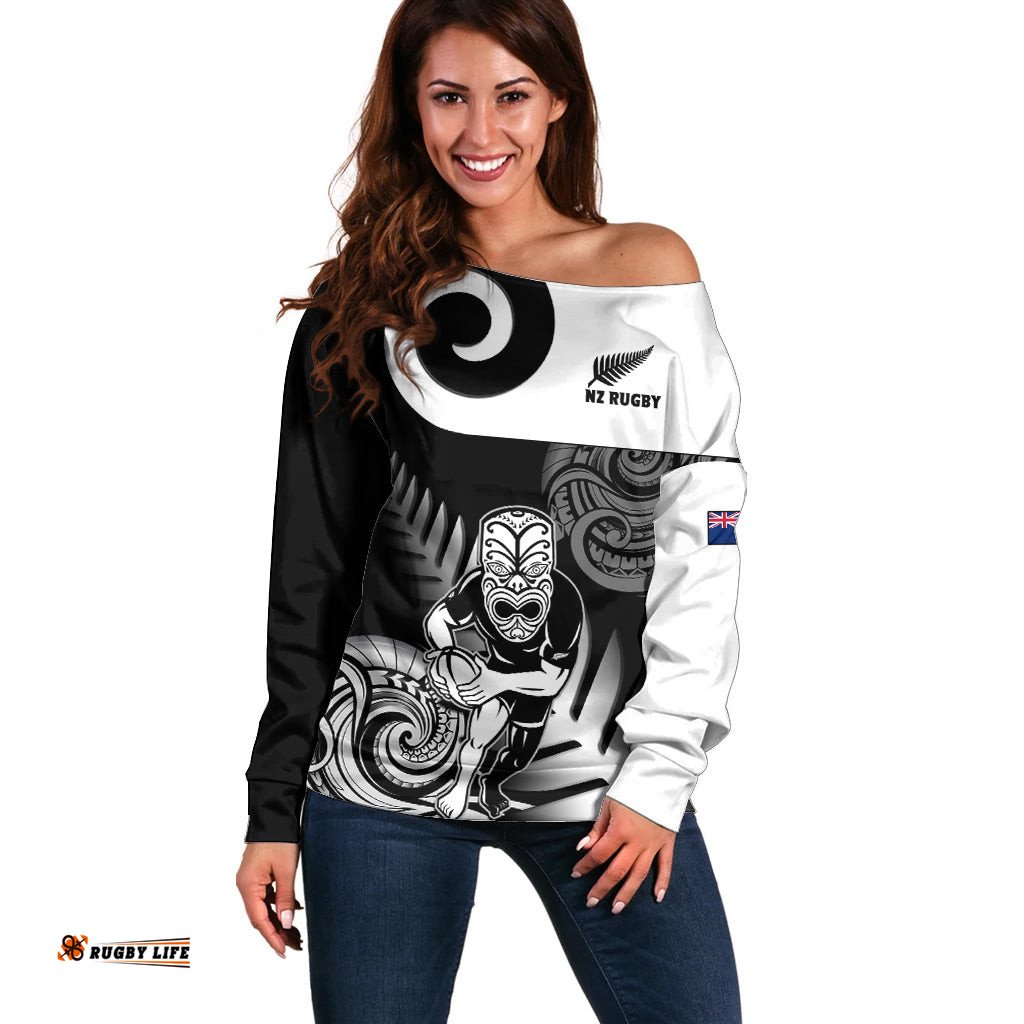 Custom New Zealand Silver Fern Rugby Off Shoulder Sweater Go Champions NZ All Black Maori Koru