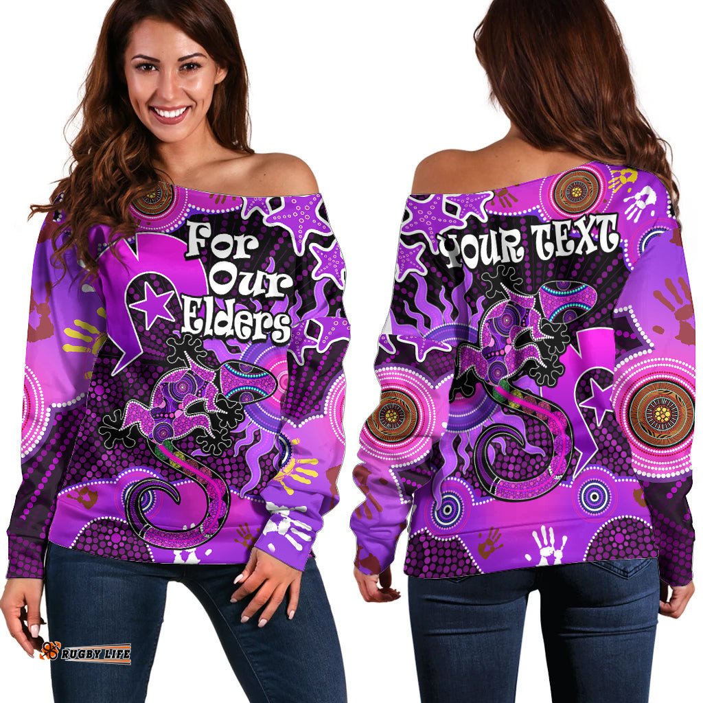 Custom Personalised Aboriginal NAIDOC Week Off Shoulder Sweater Turtle Lizard Sun 03