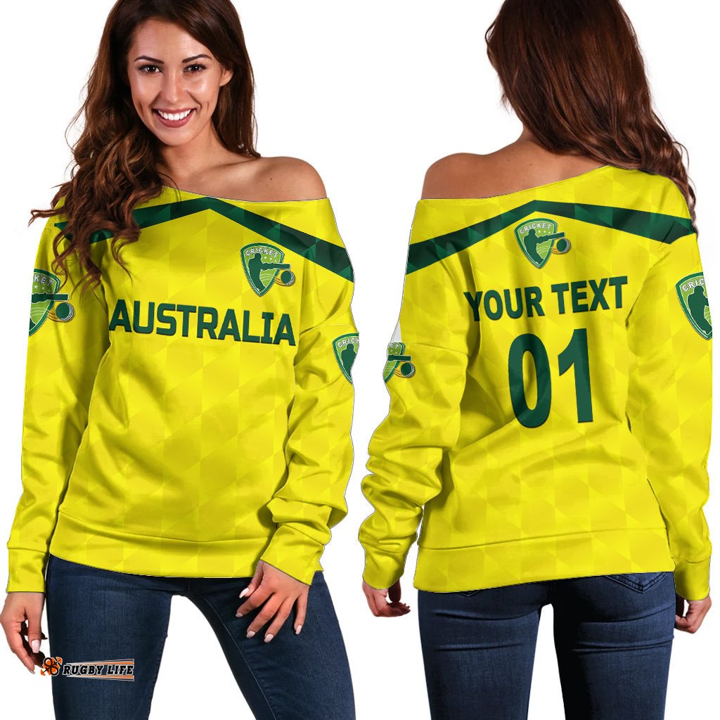 Custom Personalised Australia Cricket Off Shoulder Sweater Aussie Unique Yellow 09