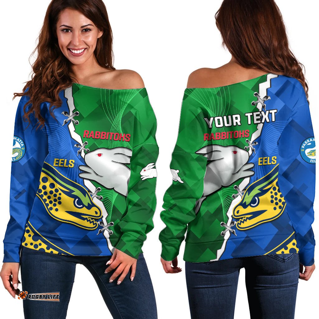 Custom Personalised Rabbitohs Mix Eels Rugby Off Shoulder Sweater Souths And Parra Sporty Style