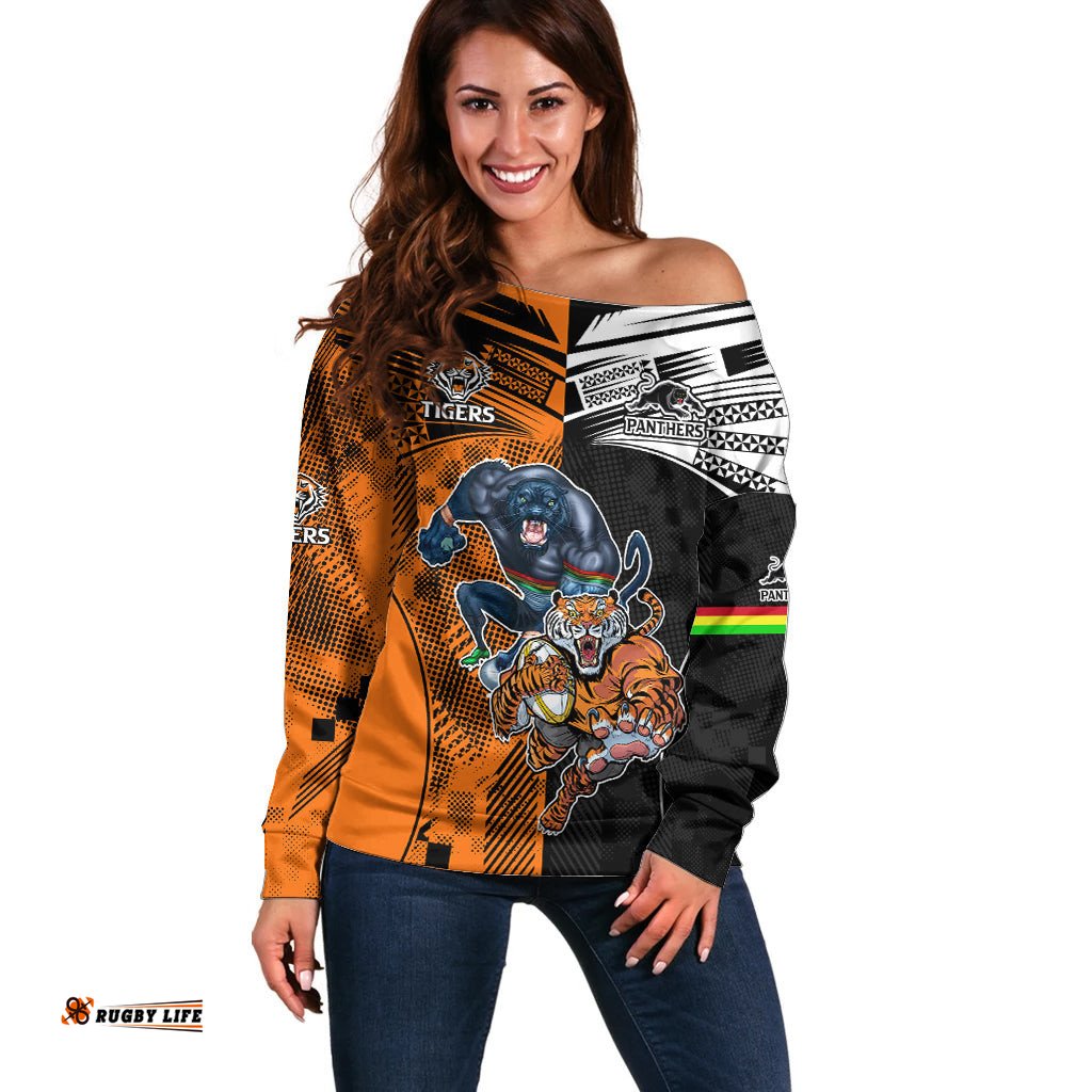 Custom NRL Tigers Combine Panthers Rugby Off Shoulder Sweater Sporty Style