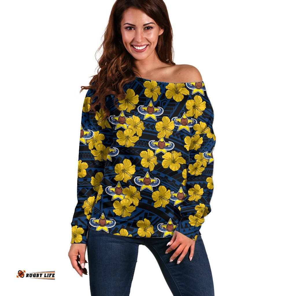 Custom Text And Number Cowboys Rugby Off Shoulder Sweater Polynesian Style With Hibiscus