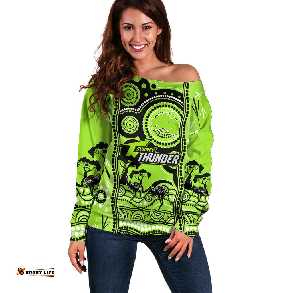 Custom Sydney Thunder Cricket Off Shoulder Sweater Happy Australia Day Aboriginal Art