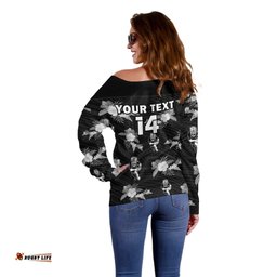 Custom Text And Number Warriors Rugby Off Shoulder Sweater NZ Polynesian Tribal Mix Tropical Hawaiian Style