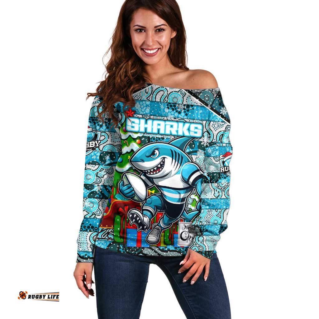 Custom Sharks Rugby Merry Christmas Off Shoulder Sweater Indigenous Australian Art