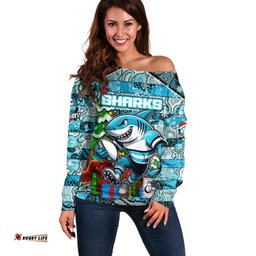 Custom Sharks Rugby Merry Christmas Off Shoulder Sweater Indigenous Australian Art