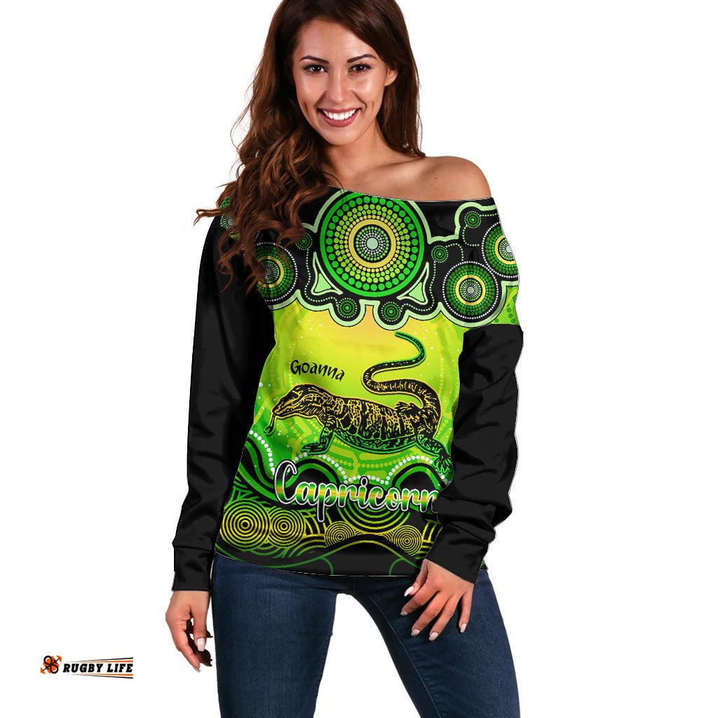 Personalised Australia Capricorn Goanna Zodiac Off Shoulder Sweater Auz Astrology Aboriginal Green