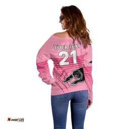 Custom Text And Number Penrith Panthers Rugby Off Shoulder Sweater Authentic Permiers Pink Version 2023