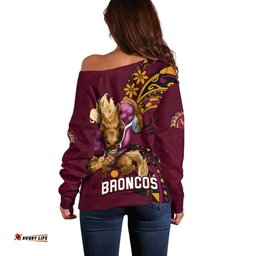 NRL Broncos Premiers Off Shoulder Sweater Mascot with Polynesian Pattern Version 2023