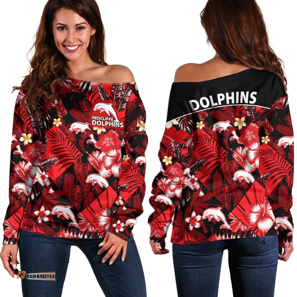 Dolphins Rugby Off Shoulder Sweater Fashion Tropical Jungle Flowers