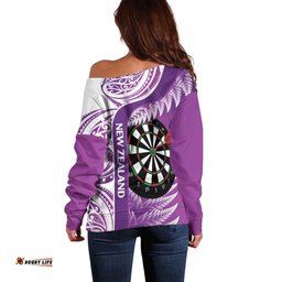 Personalised New Zealand Darts Off Shoulder Sweater Aotearoa Fern Mix Paua Shell Manaia Purple