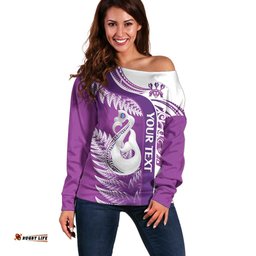 Personalised New Zealand Darts Off Shoulder Sweater Aotearoa Fern Mix Paua Shell Manaia Purple