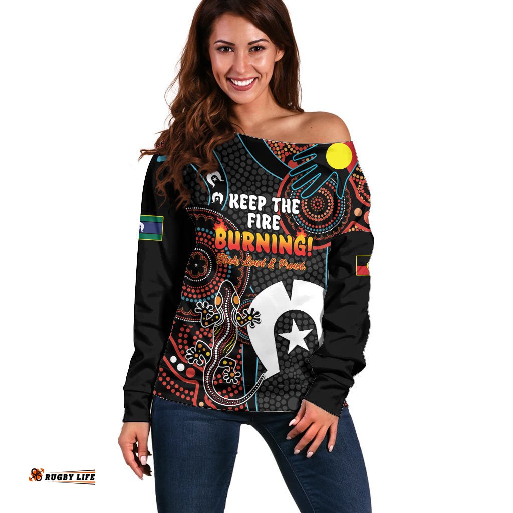 NAIDOC Week 2024 Off Shoulder Sweater Keep The Fire Burning Indigenous Art