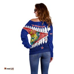 New Zealand Waitangi Day Off Shoulder Sweater NZ Maori Tui Bird With Kowhai Flowers