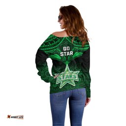 Melbourne Stars Cricket Off Shoulder Sweater Unique Indigenous Art Mix Polynesian Pattern
