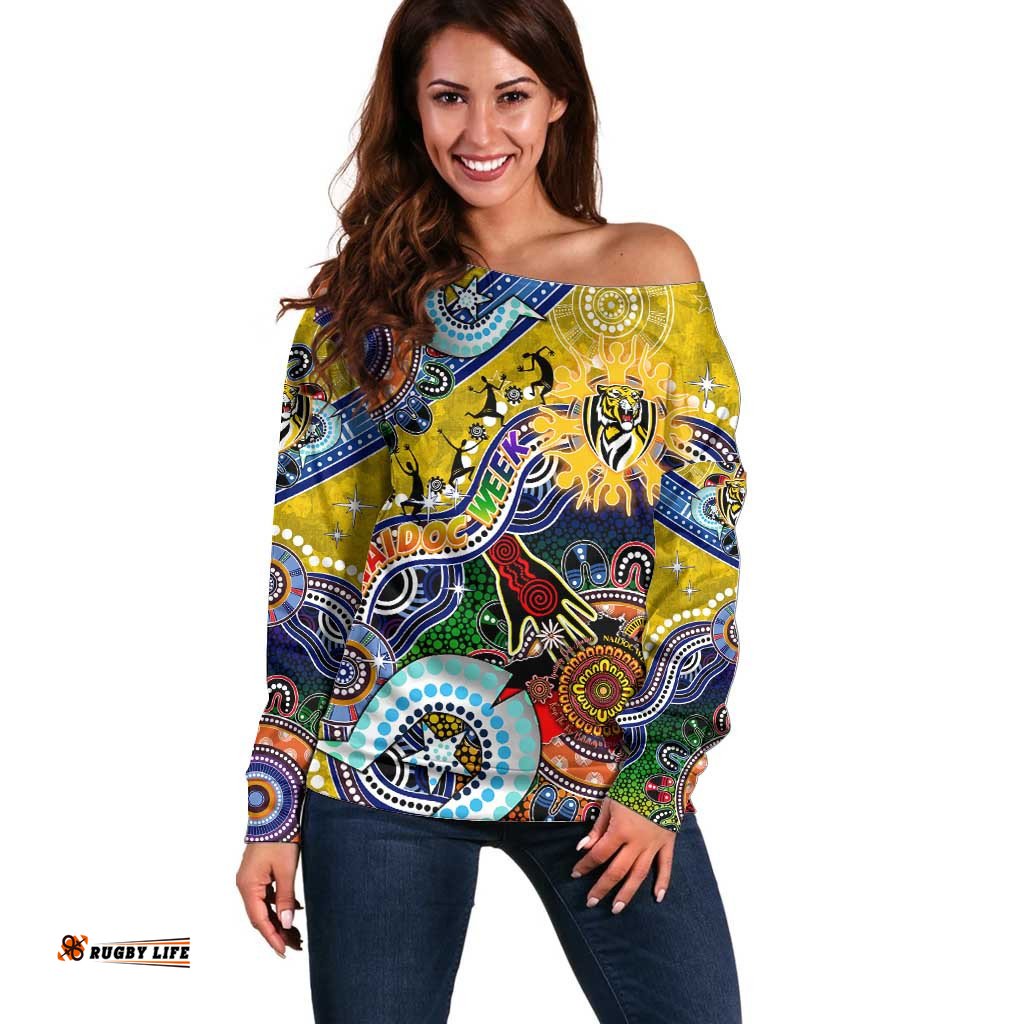 Custom NAIDOC Week 2024 Richmond Tiger Off Shoulder Sweater Australia Aboriginal Dot Painting