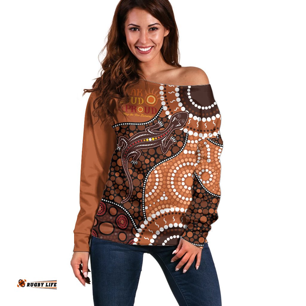 Lizard NAIDOC 2024 Off Shoulder Sweater Aboriginal Art Style