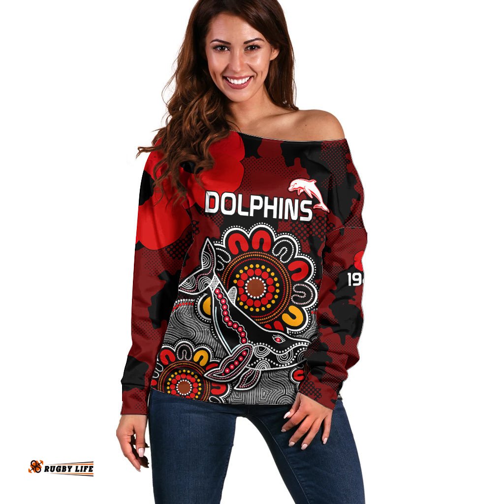 Personalised ANZAC Dolphins Rugby Off Shoulder Sweater Indigenous Circles and Waves