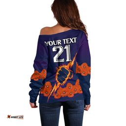 Custom Text And Number ANZAC Melbourne Storm Rugby Off Shoulder Sweater Poppy Flowers Sporty Style