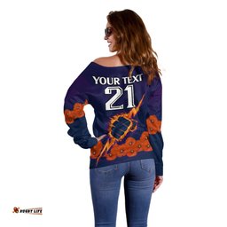 Custom Text And Number ANZAC Melbourne Storm Rugby Off Shoulder Sweater Poppy Flowers Sporty Style