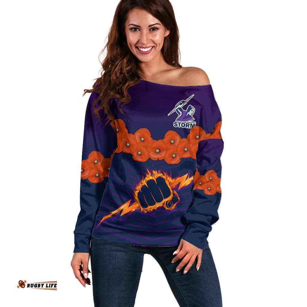 Custom Text And Number ANZAC Melbourne Storm Rugby Off Shoulder Sweater Poppy Flowers Sporty Style