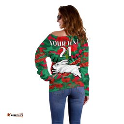 Custom Text And Number Rabbitohs Rugby ANZAC Off Shoulder Sweater Lest We Forget