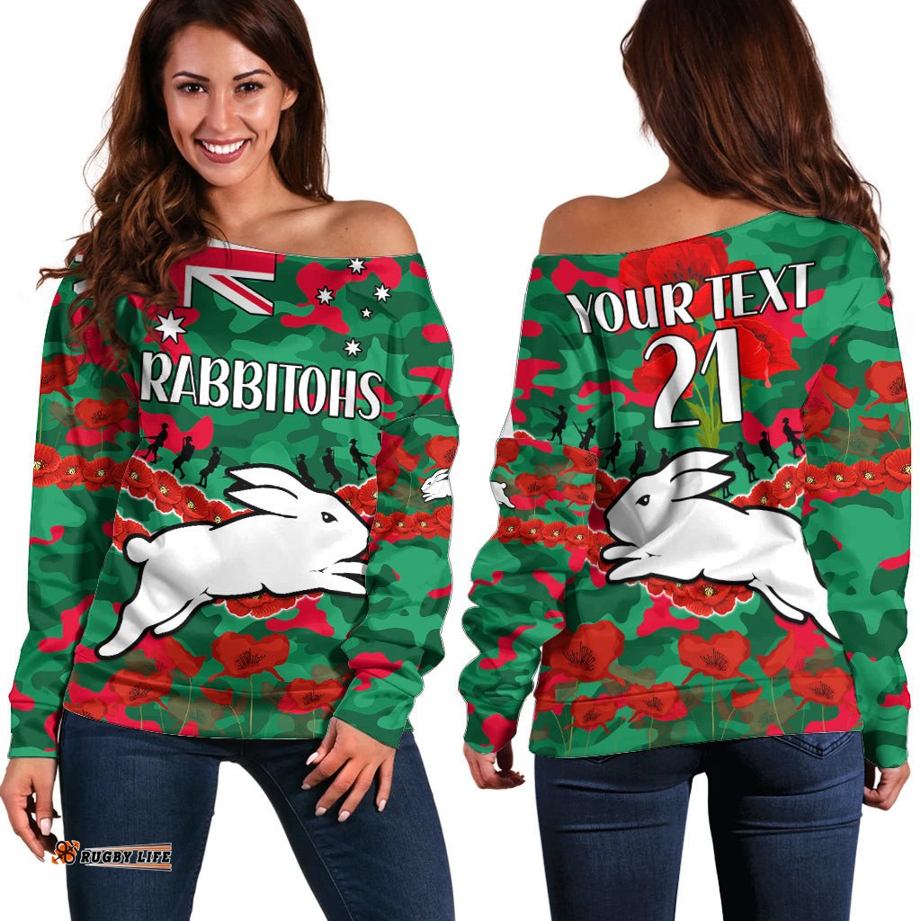 Custom Text And Number Rabbitohs Rugby ANZAC Off Shoulder Sweater Lest We Forget