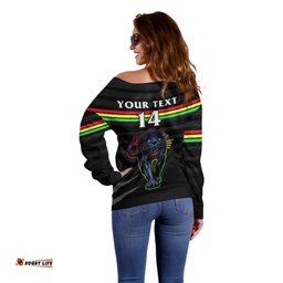 Custom Text And Number Penrith Panthers Rugby Off Shoulder Sweater The Riff Est 1966 Black Sporty