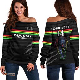 Custom Text And Number Penrith Panthers Rugby Off Shoulder Sweater The Riff Est 1966 Black Sporty