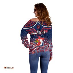 Roosters Rugby Off Shoulder Sweater Tricolours 1908 Aboriginal Mix Polynesian Pattern