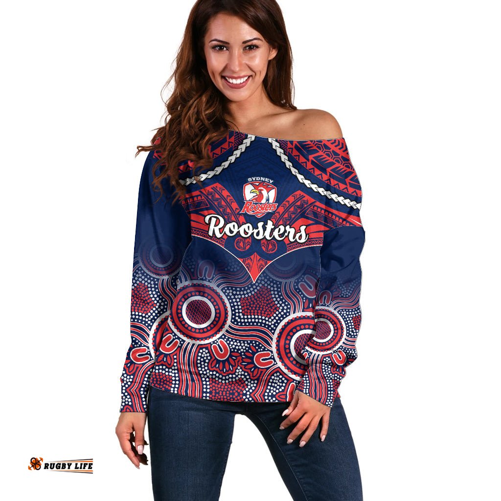 Roosters Rugby Off Shoulder Sweater Tricolours 1908 Aboriginal Mix Polynesian Pattern
