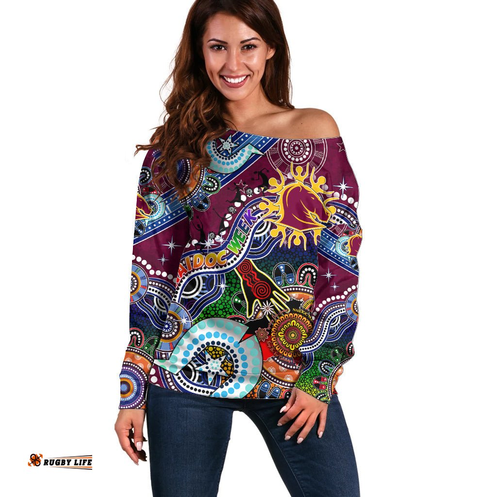 Personalised Broncos NAIDOC Week 2024 Off Shoulder Sweater Australia Aboriginal Dot Painting