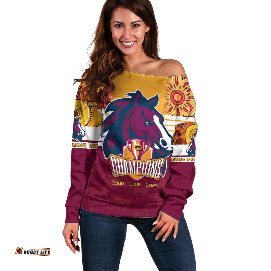 Custom NRL Broncos Champions Off Shoulder Sweater Proud Newcastle Aboriginal Vibe