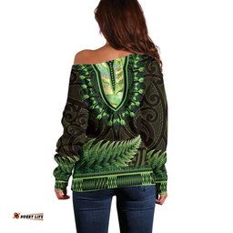 Lime Green African Dashiki With Aotearoa Maori Off Shoulder Sweater Paua Shell Mix Silver Fern
